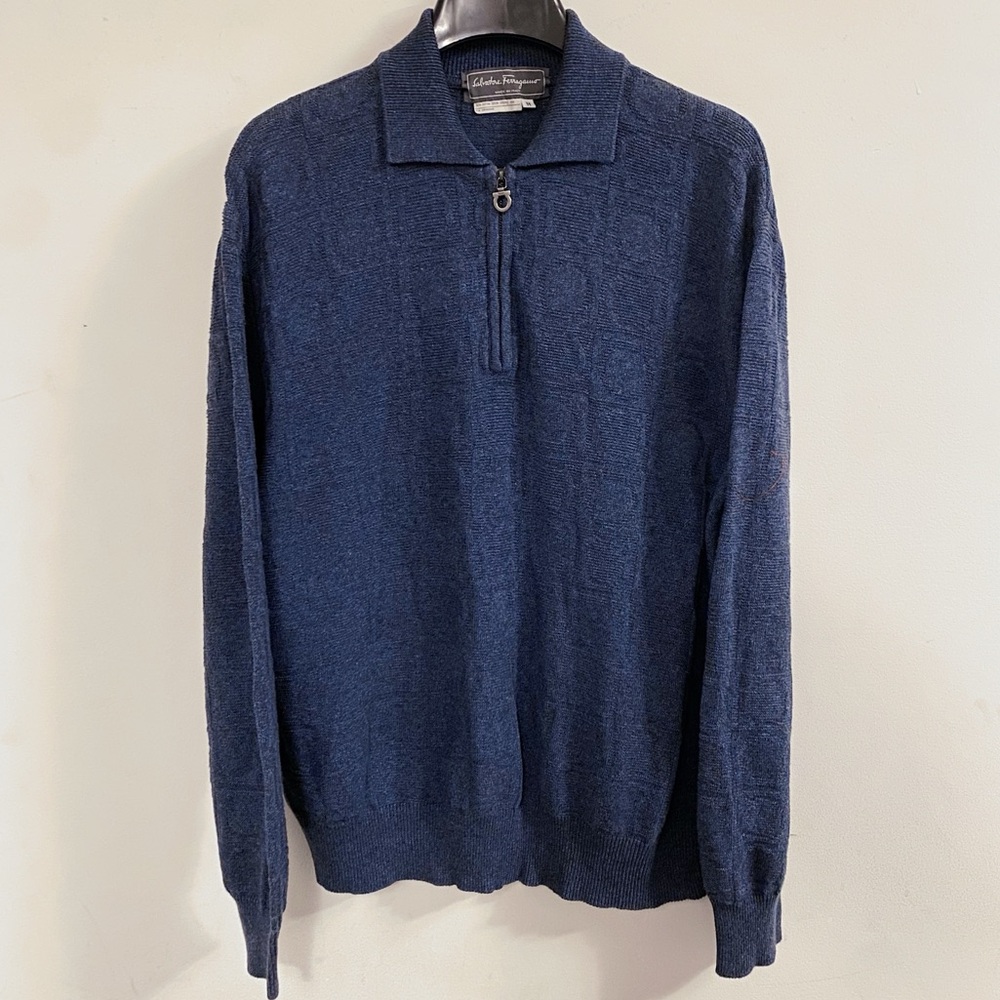 Salvatore Ferragamo Blue Gancini Logo Knit Cotton Quarter Zip Sweater Italy M